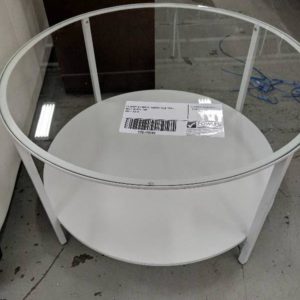 EX DISPLAY WHITE ROUND SIDE TABLE WITH GLASS TOP SOLD AS IS