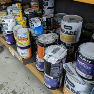 LARGE LOT OF APPROX 56 ASSORTED PAINT CANS FROM DULUX LEVENE BERGER ETC **SOLD AS ONE LARGE LOT**
