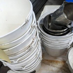 EX CATERING HIRE - LOT OF ASSORTED WHITE BUCKETS & S/STEEL BUCKETS SOLD AS IS