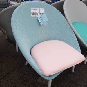 EX HIRE TEAL OUTDOOR CHAIR WITH PINK CUSHION SOLD AS IS