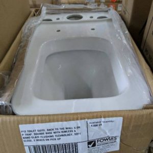 P13 TOILET SUITE BACK TO THE WALL S OR P TRAP SQUARE BASE WITH RIMLESS & NANO GLAZE FLUSHING TECHNOLOGY SOFT CLOSE 2 BOXES ON PICK UP