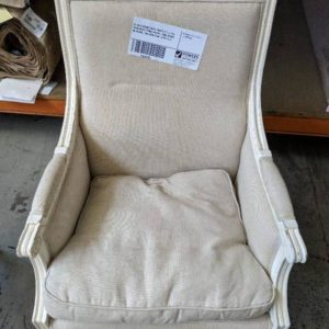 EX HIRE CREAM LINEN FRENCH STYLE TUB CHAIR WITH TIMBER FRAME SOME MARKS ON FRAME FAIR CONDITION SOLD AS IS