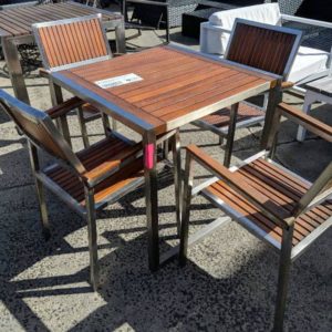 EX HIRE TIMBER AND METAL FRAMED TABLE 770MM X 770MM WITH 4 MATCHING CHAIRS SOLD AS IS GOOD CONDITION