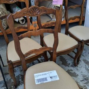 EX HIRE FRENCH STYLE TIMBER FRAMED CHAIR WITH TAN LINEN SEAT GOOD CONDITION SOLD AS IS