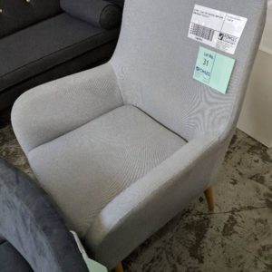 EX HIRE - LIGHT GREY MATERIAL ARM CHAIR SOME MARKS SOLD AS IS