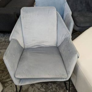 EX HIRE - LIGHT BLUE VELVET CHAIR WITH BLACK METAL FRAME SOME MARKS SOLD AS IS