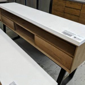 EX DISPLAY URBAN LIVING EUROPEAN OAK CONSOLE TABLE WITH WHITE CONCRETE TOP WITH OPEN SHELF AND 2 DRAWERS WITH METAL LEGS 1800MM X 380MM DEEP *CHIPPED TOP ON LEFT SHORT SIDE OF TOP*