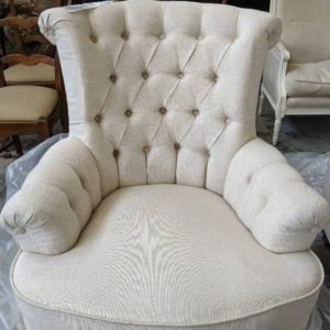EX HIRE CREAM LINEN BUTTON UPHOLSTERED WING BACK ARM CHAIR SOLD AS IS