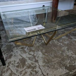 EX HIRE GOLD FRAMED COFFEE TABLE WITH THICK GLASS TOP SOLD AS IS