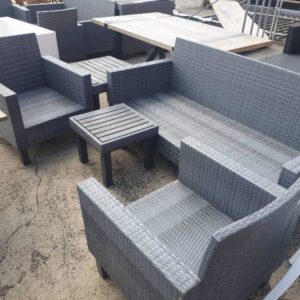 RATTAN OUTDOOR 5 PIECE SETTING WITH COUCH 2 X ARMCHAIRS WITH SIDE TABLE & COFFEE TABLE SOLD AS IS - NO CUSHIONS