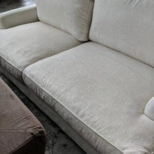 EX HIRE WHITE LINEN 2 SEATER COUCH SOLD AS IS
