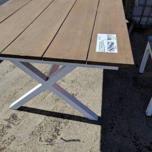 EX HIRE LARGE OUTDOOR DINING TABLE COMPOSITE TIMBER STYLE WIDE SLAT TOP WITH WHITE METAL FRAME 2490MM X 1000MM SOME MARKS SOLD AS IS