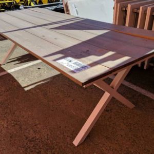 EX HIRE LARGE OUTDOOR DINING TABLE COMPOSITE TIMBER STYLE WIDE SLAT TOP WITH WHITE METAL FRAME 2490MM X 1000MM SOME MARKS SOLD AS IS