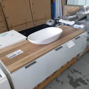 EX DISPLAY OSLO 1500MM VANITY WITH CENTRAL DRAWER DOOR EACH SIDE WITH TIMBER TOP AND VIVA STONE BOWL