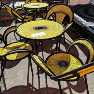 CUSTOM MADE YELLOW AND BLACK DESIGNER FURNITURE SET OF 3 CHAIRS AND 1 TABLE CHAIRS RRP$1140 EACH AND TABLE RRP$830