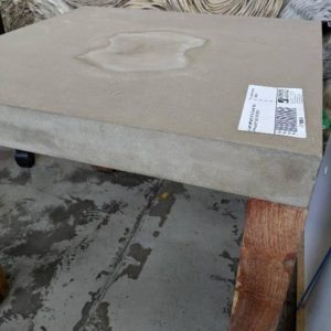 EX HIRE CONCRETE STYLE SQUARE TABLE WITH TIMBER LEGS SOLD AS IS