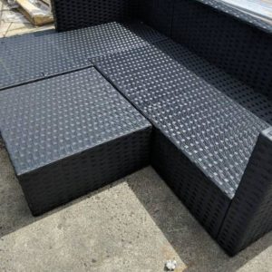 EX HIRE BLACK RATTAN OUTDOOR LOUNGE WITH CHAISE NO CUSHIONS SOLD AS IS
