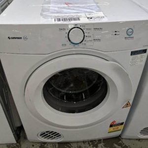 SIMPSON 5.5KG AUTO VENTED DRYER SDV556HQWA WITH ANTI TANGLE REVERSE TUMBLING FOR BETTER DRYING SENSOR DRYING LARGE DOOR OPENING WALL MOUNTABLE WITH 12 MONTH WARRANTY B03132342