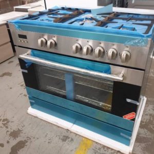 BRAND NEW EURO EV900DPSX S/STEEL 900MM FREESTANDING OVEN 5 BURNER GAS COOKTOP WITH CENTRAL WOK ELECTRIC OVEN WITH 8 COOKING FUNCTIONS TRIPLE GLAZED DOOR  ROTISSERIE LOWER STORAGE COMPARTMENT WITH 2 YEAR WARRANTY