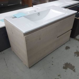 GLACIER QUARTZ TWIN 900MM OFFSET WALL HUNG VANITYWASHED KNOTTY ASH WITH CERAMIC BENCH TOP AL0000925 RRP$1300