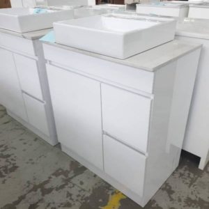 750MM GLOSS WHITE VANITY WITH DRAWERS AND STONE BENCH TOP WITH ABOVE COUNTER BOWL BN-750