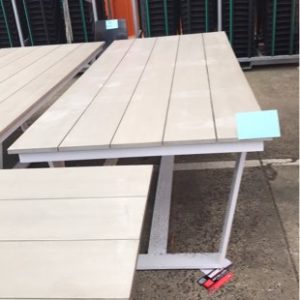 EX HIRE 2700MM LONG WHITE FRAME OUTDOOR DINING TABLE WITH TIMBER LOOK TOPS SOLD AS IS