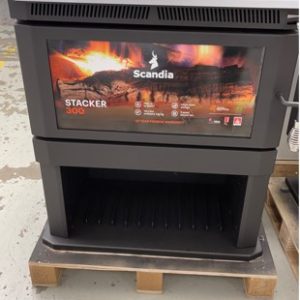 SCANDIA WARMBRITE 300 WOOD HEATER WITH WOOD STACKER BELOW HEATS UP TO 320M2 3 SPEED ELECTRIC FAN RRP$1799 SOLD AS IS SCRATCH AND DENT