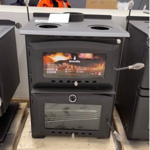 SCANDIA HEAT AND COOK WOOD FIRED OVEN AND HEATER LARGE BAKING OVEN AND LARGE COOKTOP AREA REMOVEABLE HOT PLATES (OPEN FLAME BURNER) RRP$2000 SOLD AS IS SCRATCH AND DENT