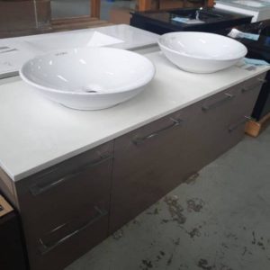 EX DISPLAY GLACIER 1500MM VANTIY LIGHT OAK WITH SOLID SURFACE TOP AND 2 X BOWLS