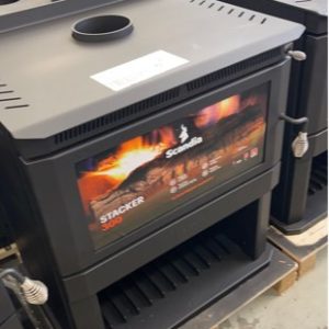 SCANDIA WARMBRITE 300 WOOD HEATER WITH WOOD STACKER BELOW HEATS UP TO 320M2 3 SPEED ELECTRIC FAN RRP$1799 SOLD AS IS SCRATCH AND DENT STOCK SOLD AS IS