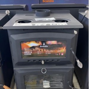 SCANDIA HEAT AND COOK WOOD FIRED OVEN AND HEATER LARGE BAKING OVEN AND LARGE COOKTOP AREA REMOVEABLE HOT PLATES (OPEN FLAME BURNER) RRP$2000 SOLD AS IS SCRATCH AND DENT STOCK SOLD AS IS