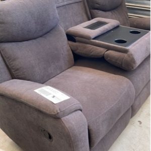 EX DISPLAY GREY FABRIC 3 SEATER LOUNGE MANUAL RECLINERS WITH DROP DOWN CENTRE CONSOLE FOR DRINK HOLDERSLIGHTS SOLD AS IS