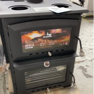 SCANDIA HEAT AND COOK WOOD FIRED OVEN AND HEATER LARGE BAKING OVEN AND LARGE COOKTOP AREA REMOVEABLE HOT PLATES (OPEN FLAME BURNER) RRP$2000 SOLD AS IS SCRATCH AND DENT STOCK WITH 3 MONTH WARRANTY