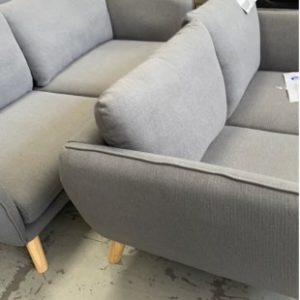 BRAND NEW GREY MATERIAL 3 SEATER AND 2 SEATER COUCH WITH LIGHT OAK LEGS