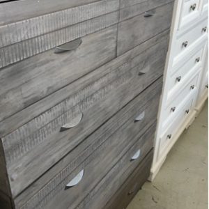 EX DISPLAY GREY TIMBER TALLBOY WITH 6 DRAWERS 1000MM WIDE SOLD AS IS