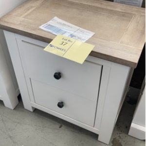 EX DISPLAY WHITE TIMBER & OAK TOP BEDSIDE TABLE SOLD AS IS