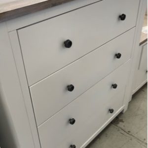 EX DISPLAY WHITE TIMBER & OAK TOP TALL BOY 4 DRAWERS 1000MM WIDE