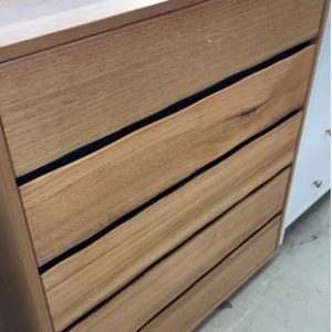 EX DISPLAY NATURAL TIMBER TALLBOY WITH 5 FINGER PULL DRAWERS 900MM WIDE SOLD AS IS