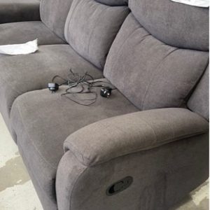 EX DISPLAY DARK GREY MATERIAL 3 SEATER COUCH WITH MANUAL RECLINERS CENTRE CONSOLE THAT PULLS DOWN WITH LIGHTS SOLD AS IS