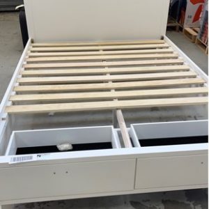 EX DISPLAY WHITE TIMBER QUEEN BEDFRAME WITH STORAGE DRAWERS SOLD AS IS