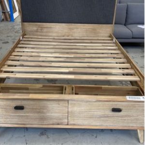 EX DISPLAY OAK WASHED TIMBER WITH GREY UPHOLSTERED QUEEN BEDFRAME WITH STORAGE DRAWERS SOLD AS IS