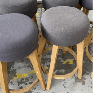 EX HIRE FURNITURE - GREY BAR STOOL WITH TIMBER LEGS SOLD AS IS