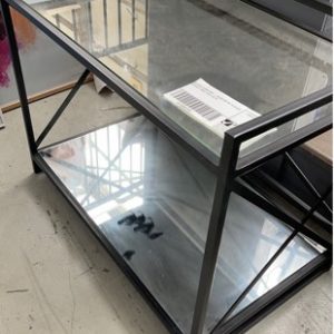 EX HIRE FURNITURE - BLACK METAL & GLASS DISPLAY TABLE SOLD AS IS