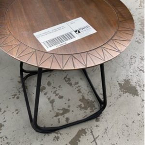 EX HIRE FURNITURE - ROUND WOOD TOP SIDE TABLE WITH METAL BASE SOLD AS IS