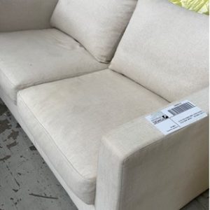 EX HIRE FURNITURE - CREAM LINEN STYLE 2 SEATER COUCH SOME MARKS SOLD AS IS
