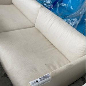EX HIRE FURNITURE - CREAM LINEN STYLE 3 SEATER COUCH SOME MARKS SOLD AS IS
