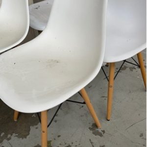 EX HIRE FURNITURE - WHITE DINING CHAIR WITH TIMBER LEGS SOLD AS IS