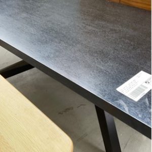 EX HIRE FURNITURE - LARGE DARK TIMBER DINING TABLE WITH CROSS LEGS PLEASE NOTE LEGS ARE WOBBLY AND WILL NEED TO BE TIGHTENED BY BUYER SOLD AS IS