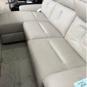 EX DISPLAY THICK GREY LEATHER COUCH WITH CHAISE WITH ELECTRIC RECLINERS SOLD AS IS