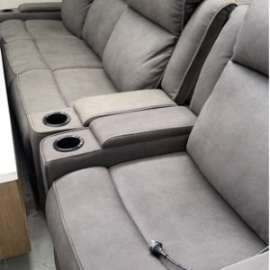 EX DISPLAY GREY MATERIAL 3 SEATER COUCH WITH ELECTRIC RECLINER WITH FOLD DOWN CENTRE CONSOLE WITH SINGLE ARM CHAIR ELECTRIC RECLINER MIS MATCHED MATERIAL SOLD AS IS